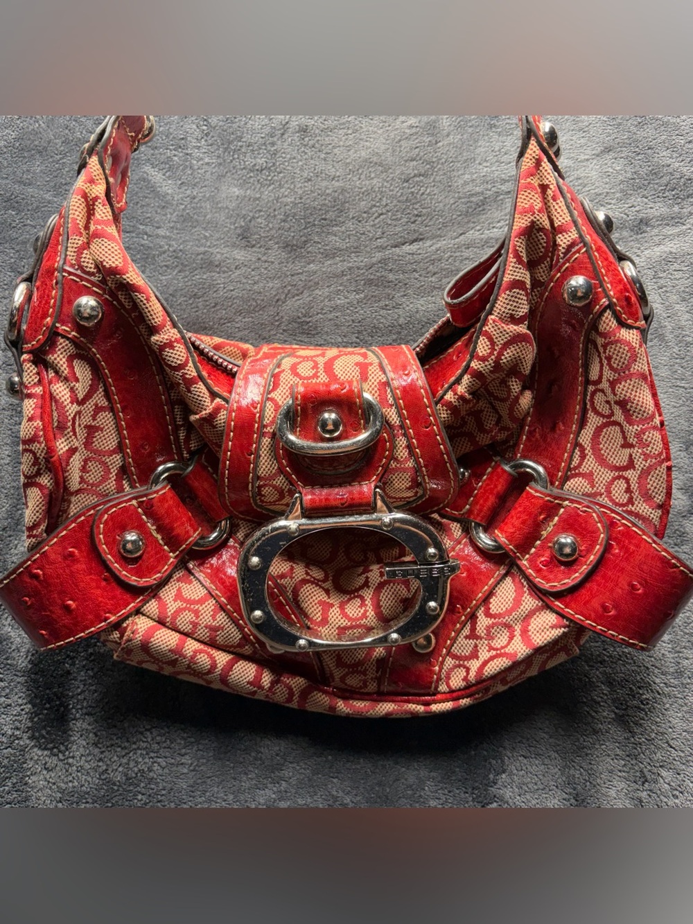 Guess Faux Ostrich Red Y2K Logo-Print Shoulder Bag with Silver Buckle RARE!